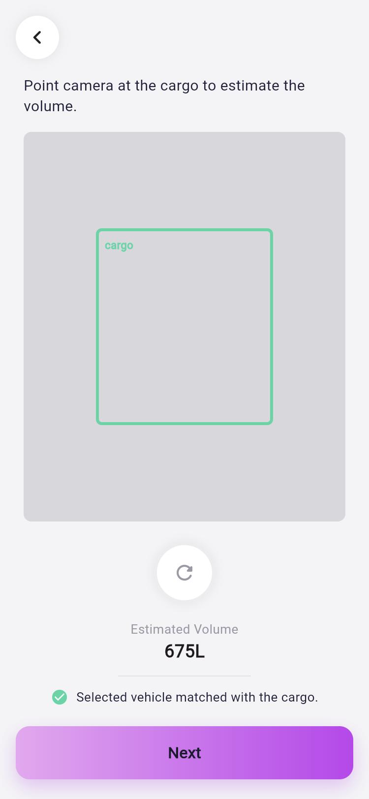 Levot app AI volume estimation detecting cargo and estimating 675 litres