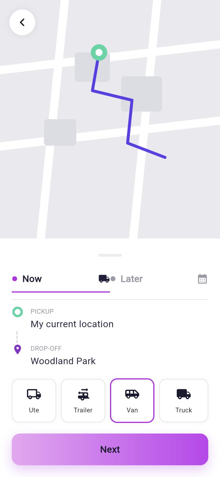 Levot app booking screen with map route and vehicle selection