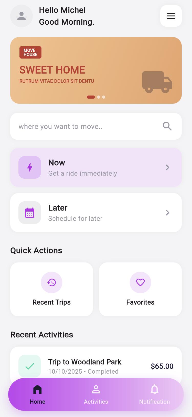 Levot app home screen with move options and recent activity
